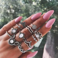 12 pcsset bohemian vintage crown crystal opal lotus flower rings set geometric womens charm knuckle ring party jewelry gift