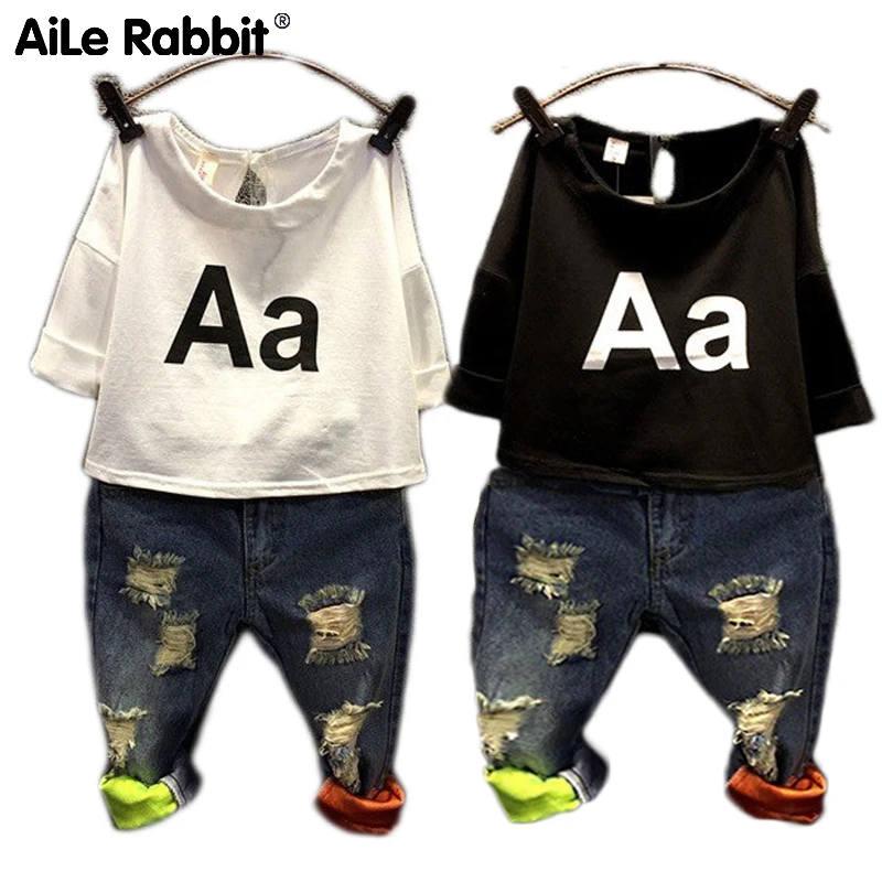 AiLe Rabbit/комплект одежды для мальчиков и девочек модная Осенняя футболка джинсы