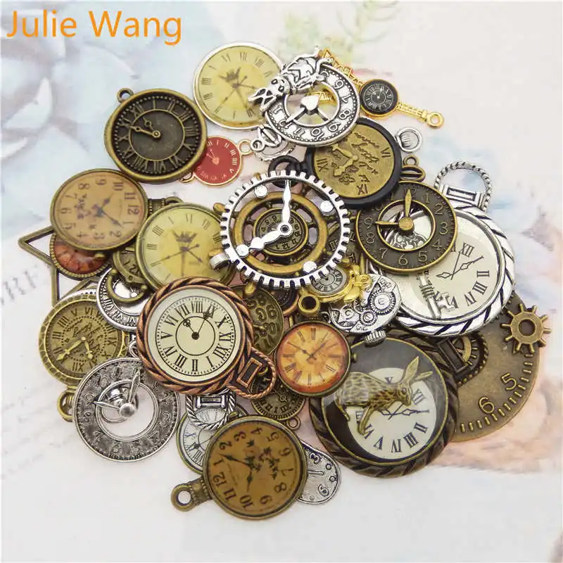 Julie Wang, 10 шт., Случайные Смешанные часы, часы, лицо, амулеты, сплав, ожерелье, подвеска, поиск ювелирных изделий, стимпанк, аксессуар