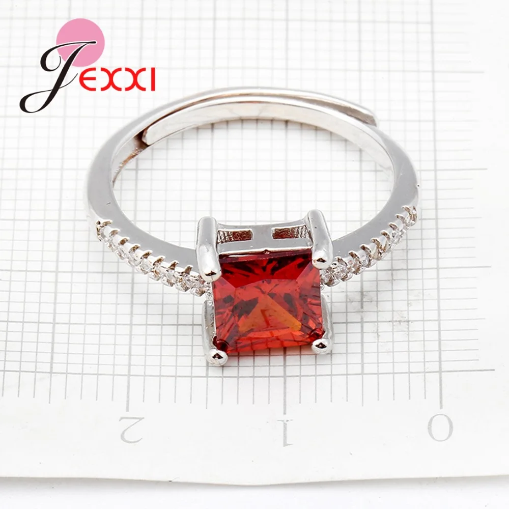 

Red/Blue/Green Option Shiny Crystal Rings Square Shape 925 Sterling Silver Minimalist Jewelry Resizable