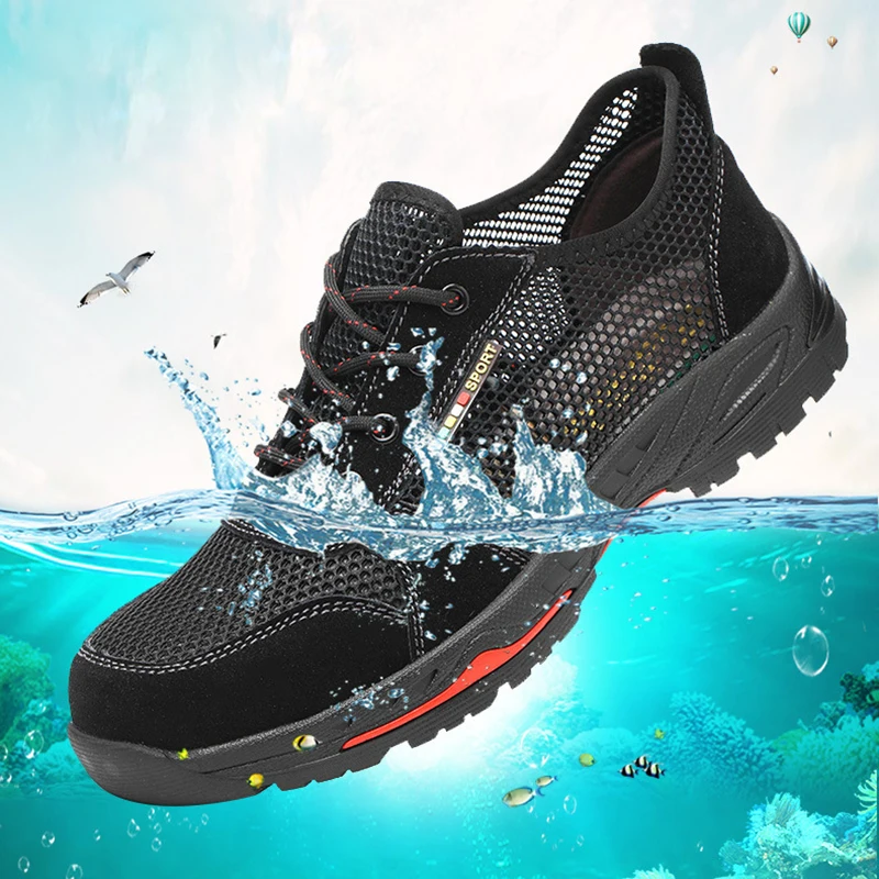 

Men Summer Breathable Mesh Safety Shoes Anti-Smashing Puncture Steel Toe Shoes Lightweight Men Work Shoes CasualB Boots Man