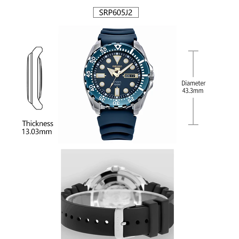 SRP605J1 Оригинальные автоматические механические мужские часы Seiko 5 из нержавеющей стали, 10 бар, водонепроницаемые спортивные часы для дайвинга, глобальная гарантия - Цвет: SRP605J1