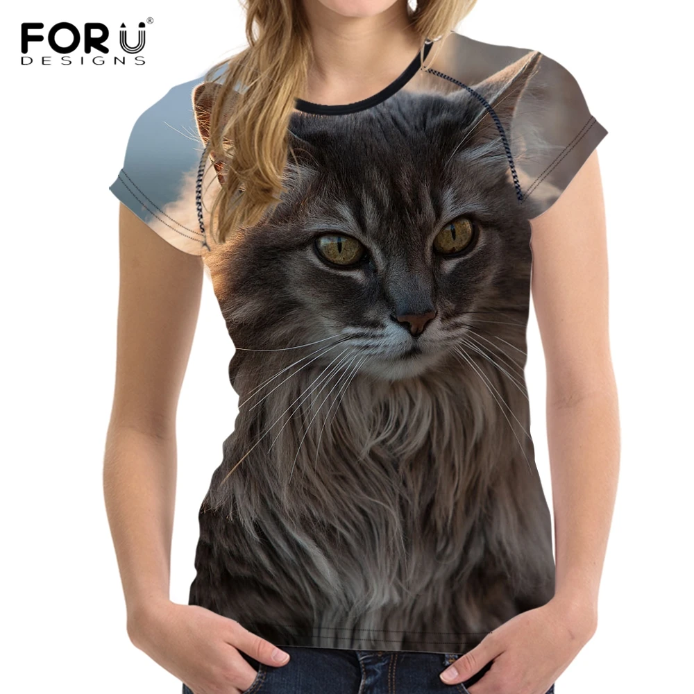 FORUDESIGNS/Harajuku женские летние футболки милые 3D с принтом кота/котенка коротким