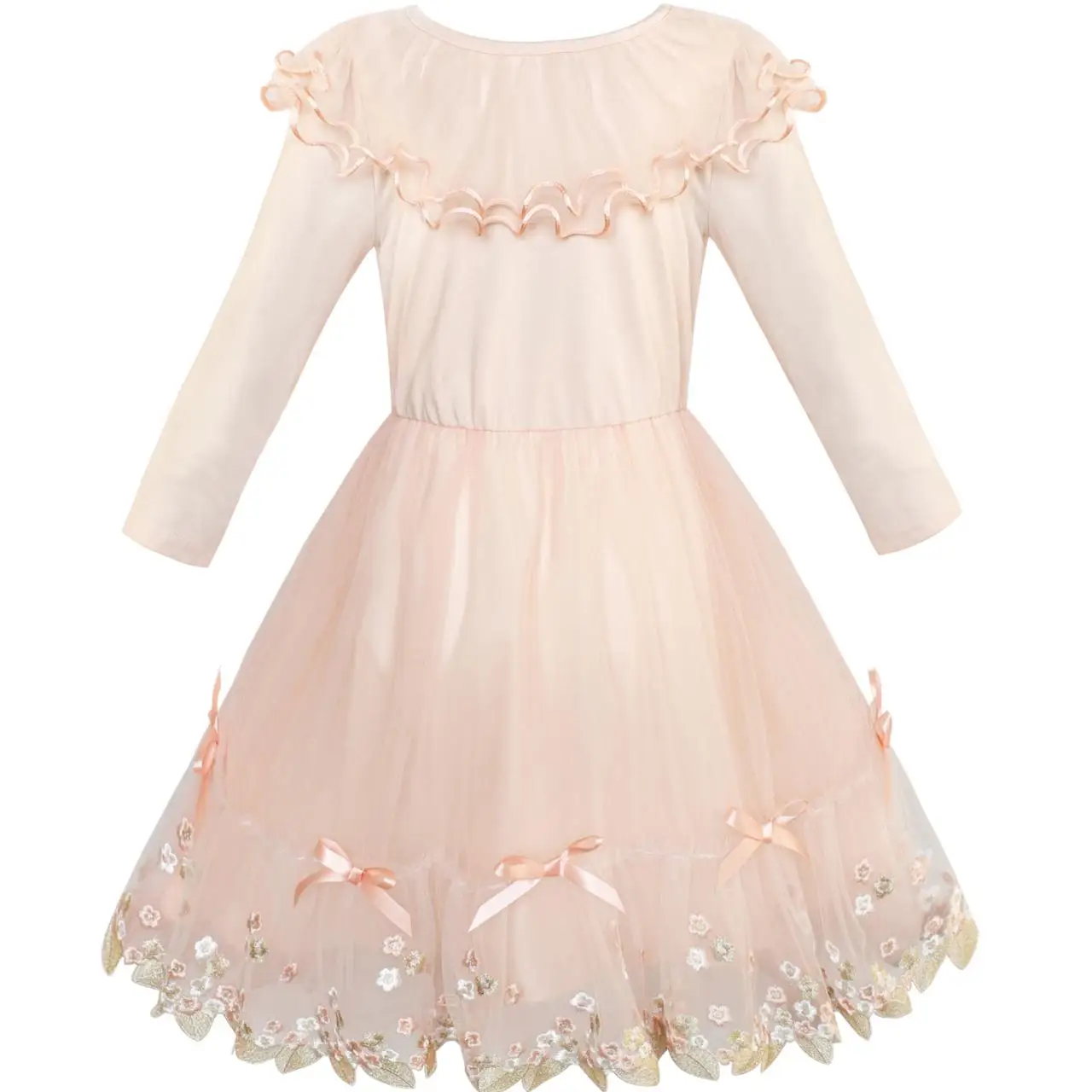 Sunny Fashion платья для девочек новогодние костюмы Длинный рукав Кружево рябить Воротник На танцах Платье