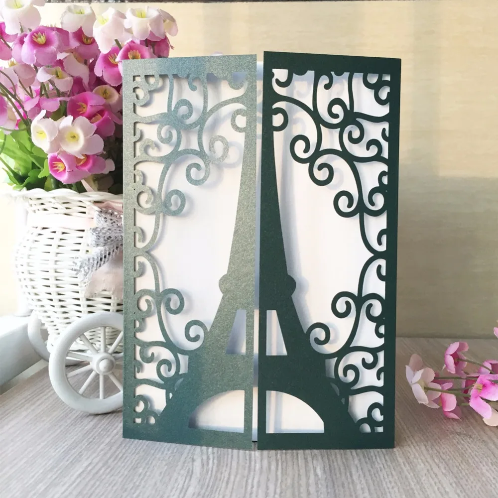 

Fine GreenWedding Invitation Card Romantic Tower Cards 30Pcs/pack Envelope Delicate Carved Pattern Invitations Party Decoration
