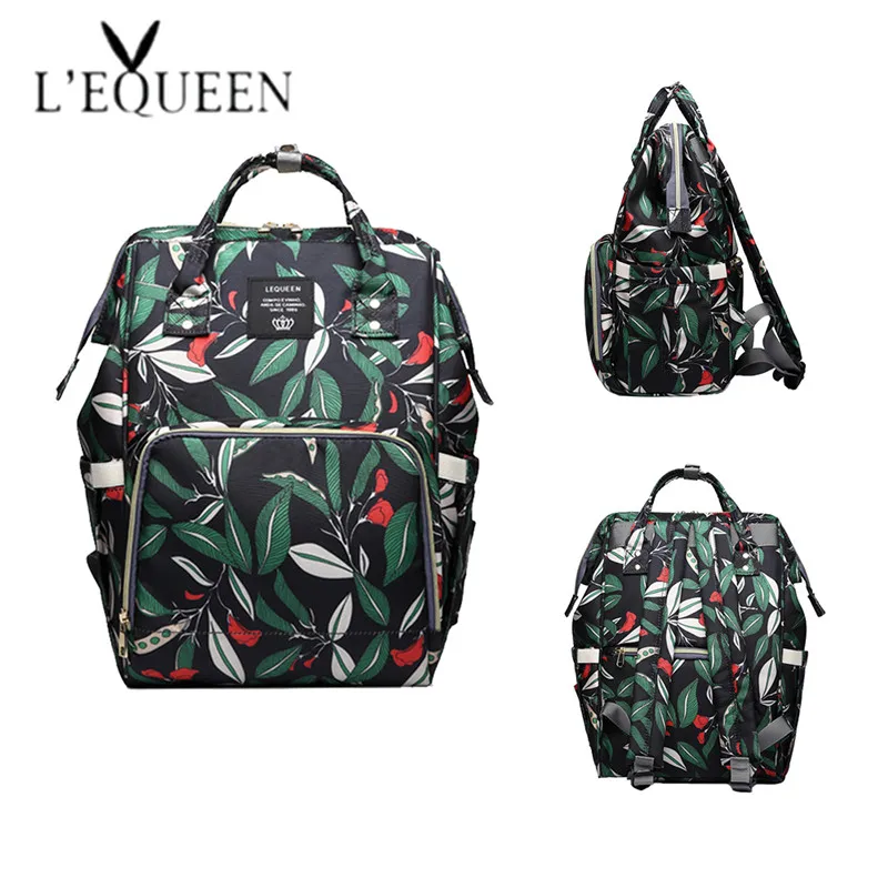 green printed Lequeen новые модные принтованные сумки для подгузников, Детская сумка с рисунком листьев, сумки для мам, дорожный рюкзак для мамы, коляски, Органайзер - Цвет: green printed