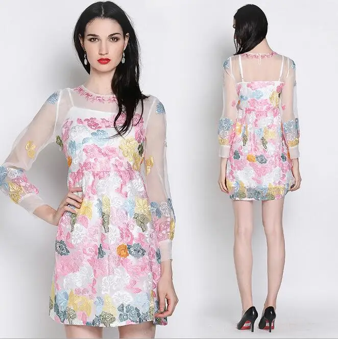 Весна / лето 2016 европа и соединенные штаты новый органзы вышитые шелковое платье