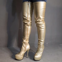 fashion street style luxury metal color over the knee boots high heel round toe motorcycle long cowboy boots shoes woman botas