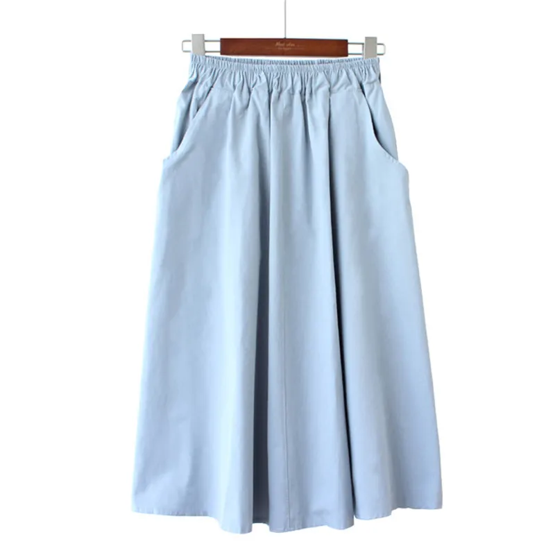 

Midi Skirt Women New Fashion Elastic Waist Side Pockets Ruched Sun Falda Female Casual Solid Color Empire A-Line Cotton Skirt
