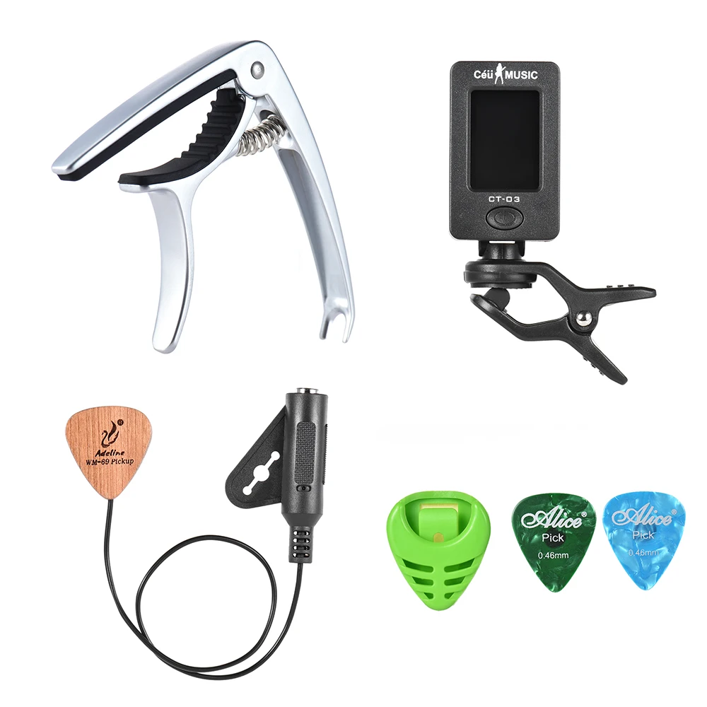 

Guitar Accessories Kit Tool Set for Acoustic Guitar with Capo Clip-on Tuner Pickup Guitar Pick Holder 2pcs Picks Storage Box