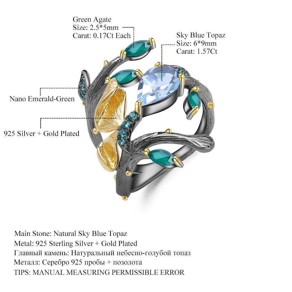 GEM'S BALLET 2.29Ct кольцо с натуральным небесно-голубым топазом, 925 пробы, серебро,, ручная работа, Бабочка, ветка, весенние кольца для женщин