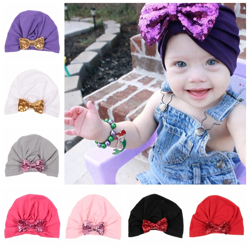 

Yundfly Cute Newborn Turban Hat with Sequin Bow Cotton Blend Kids Caps Beanie Top Knot Handmade Hats Birthday Holiday Gift