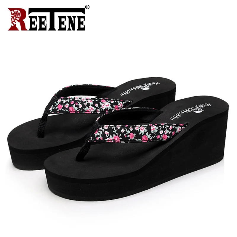 Black REETENE/Летняя женская обувь; шлепанцы для ванной на платформе; пляжные вьетнамки; женские шлепанцы на высоком каблуке; модная женская обувь - Цвет: Black
