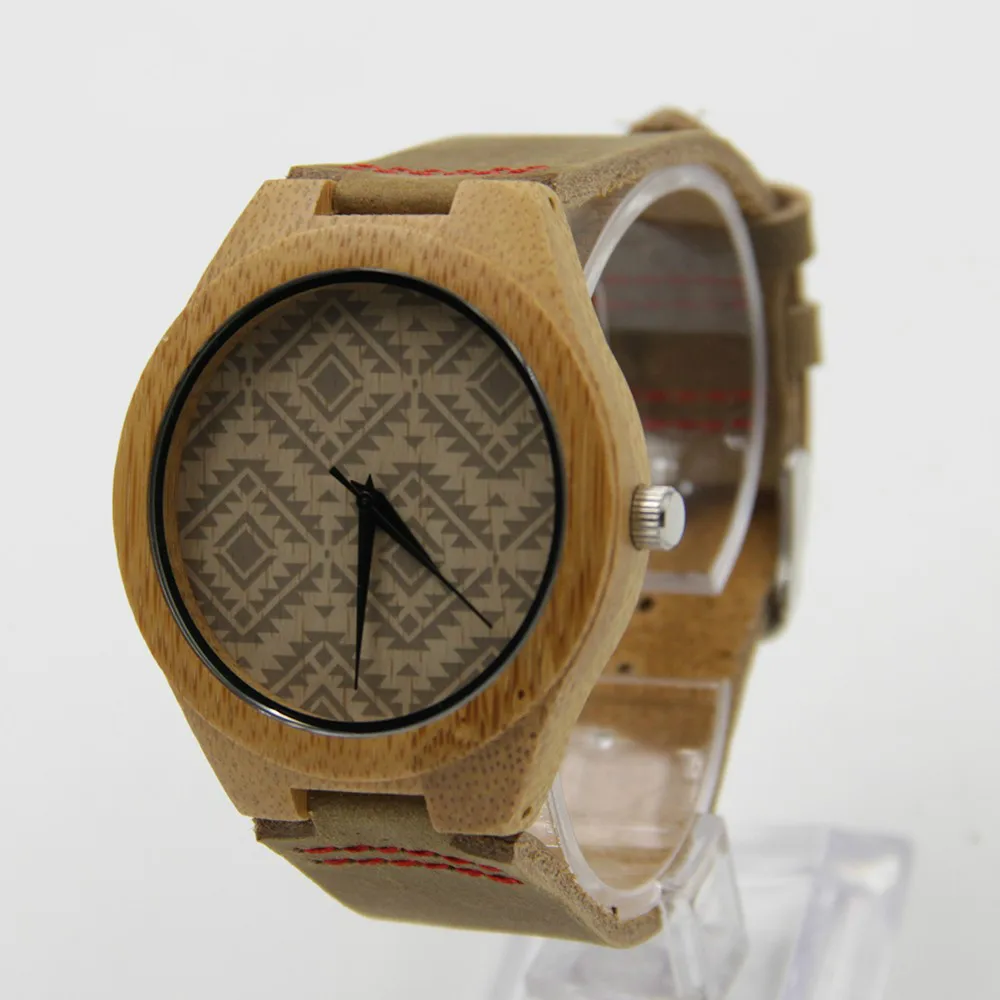 2016 модные деревянные часы из натурального бамбука с натуральной воловьей кожей