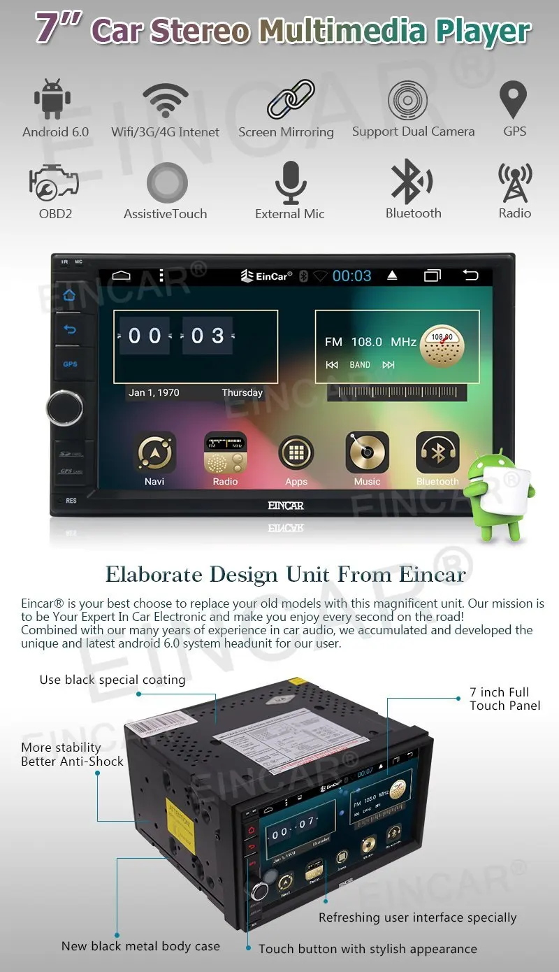 Бесплатная сзади Камера + Android 6.0 2din автомобиля нет dvd плеер 7 ''емкостный экран