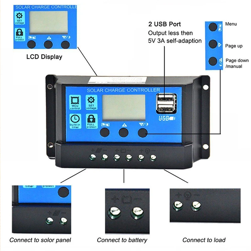 30A 20A 10Amps 12V 24V Auto Solar cells Panel Battery Charge Controller PWM PV Regulators with LCD Display and 5V USB | Обустройство