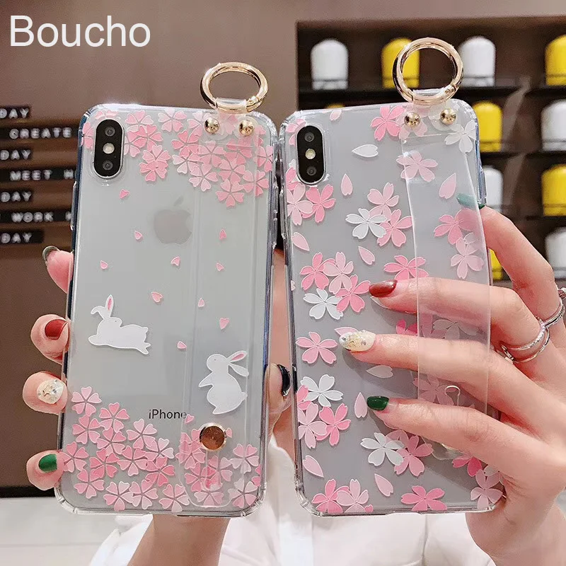 Boucho Transparent Wrist Strap Phone Case For iphone XR X Xs max 6 6s 7 8 plus Fashion Flower Pattern Cover |