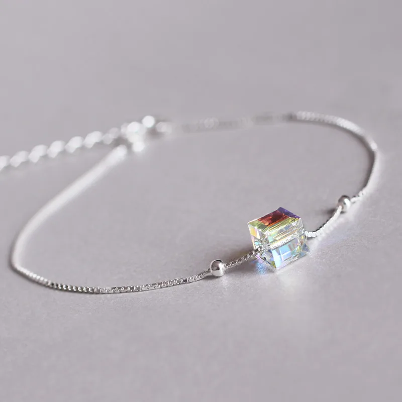 S925 Silver Bracelet Aurora Sugar Austrian Crystal Hand Jewelry Japanese and Korean Simple Fashion Sterling Chain | Украшения и