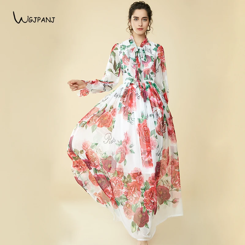 2019 Spring Bohemian Long ladies Dresses White Floral Print Bow Collar Casual Runway Design Maxi Dress For Women Boho clothes | Женская