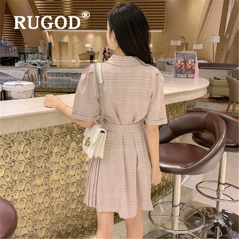 RUGOD винтажное офисное женское клетчатое платье, корейские шикарные однобортные плиссированные платья длиной до колена, vestidos verano