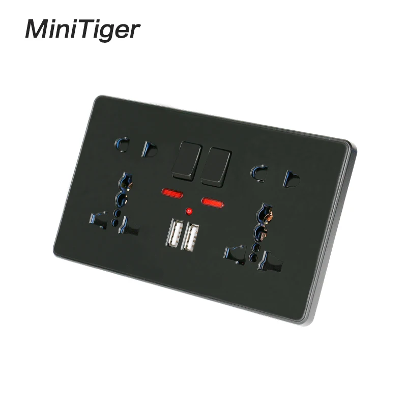 Настенная розетка Minitiger двойная универсальная с 5 отверстиями неоновым 2 1a