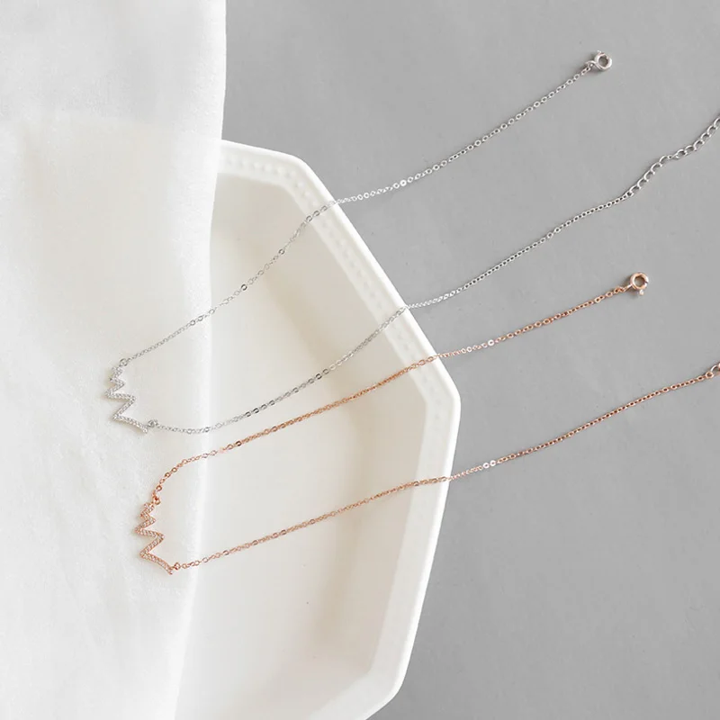 

100% Sterling Silver Inlay Crystal ECG Necklace Electrocardiogram Charms Wave Pendants Necklaces Heartbeat Bijoux