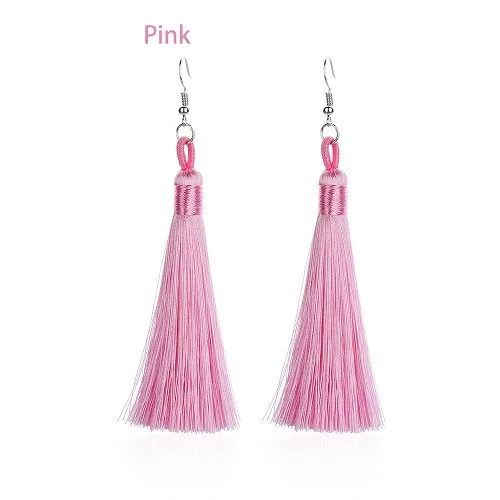 pink Винтажные длинные висячие серьги с кристаллами в богемном стиле для женщин, красные серьги с бахромой из хлопка и шелка, Модные женские ювелирные изделия - Окраска металла: pink
