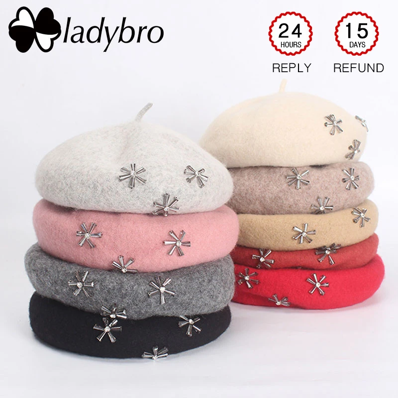 

Женские береты Ladybro, яркий цветочный вязаный берет, женские осенне-зимние шапки для женщин, шапки, стразы, облегающая женская шапка