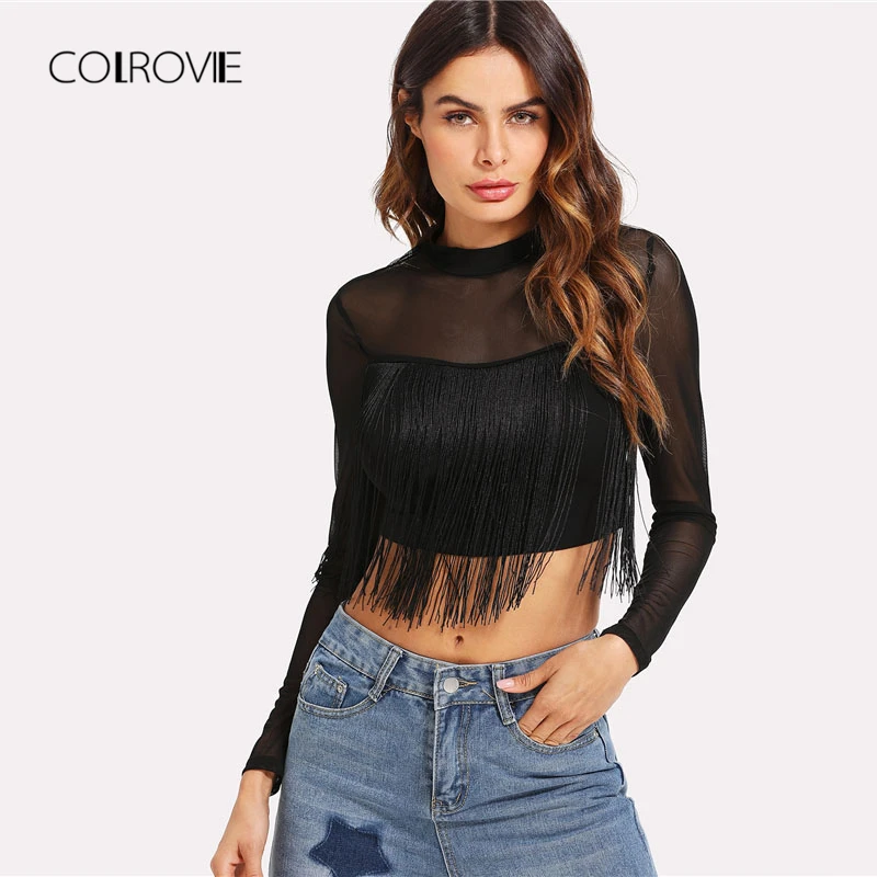 COLROVIE кроп-топ с бахромой и сеткой, весна, с кисточками и стоячим воротником, с длинным рукавом, Прозрачная Футболка, черный эластичный прозрачный женский топ