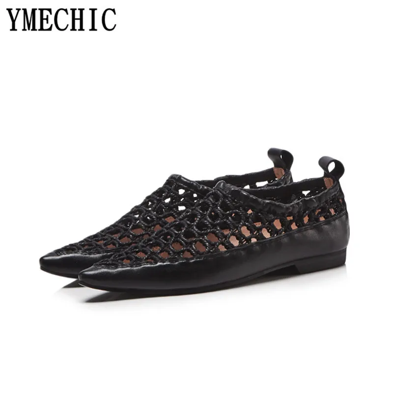 YMECHIC/2018 г. натуральная кожа плоская женская обувь летние белые черные сетчатые