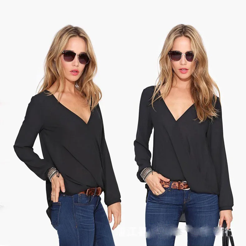 Женские блузки и рубашки с v-образным вырезом Повседневная однотонная шифоновая