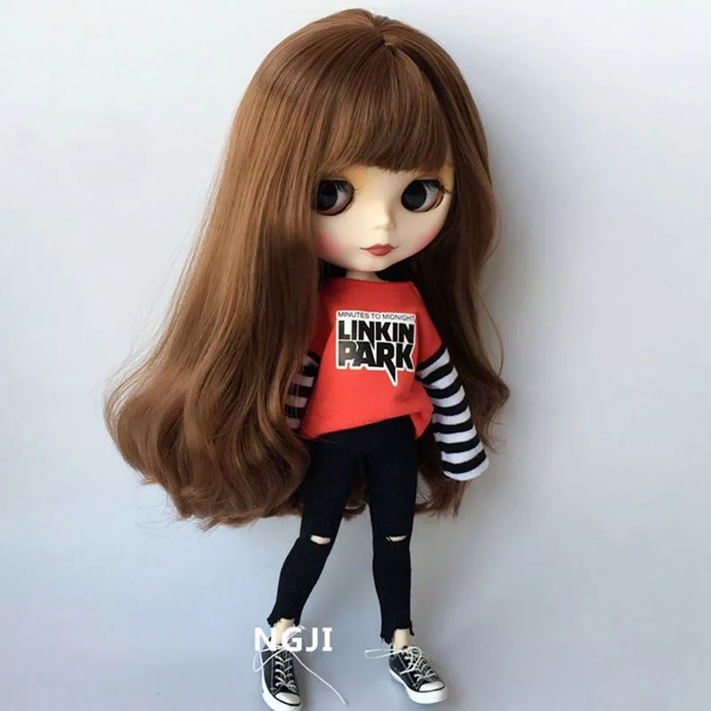red 2 шт./компл. blyth кукольные Костюмы в повседневном стиле, в спортивном стиле, футболка+ джинсы, комплект для Барби, Blyth брюки кукольная одежда аксессуары для куклы(без куклы - Цвет: red