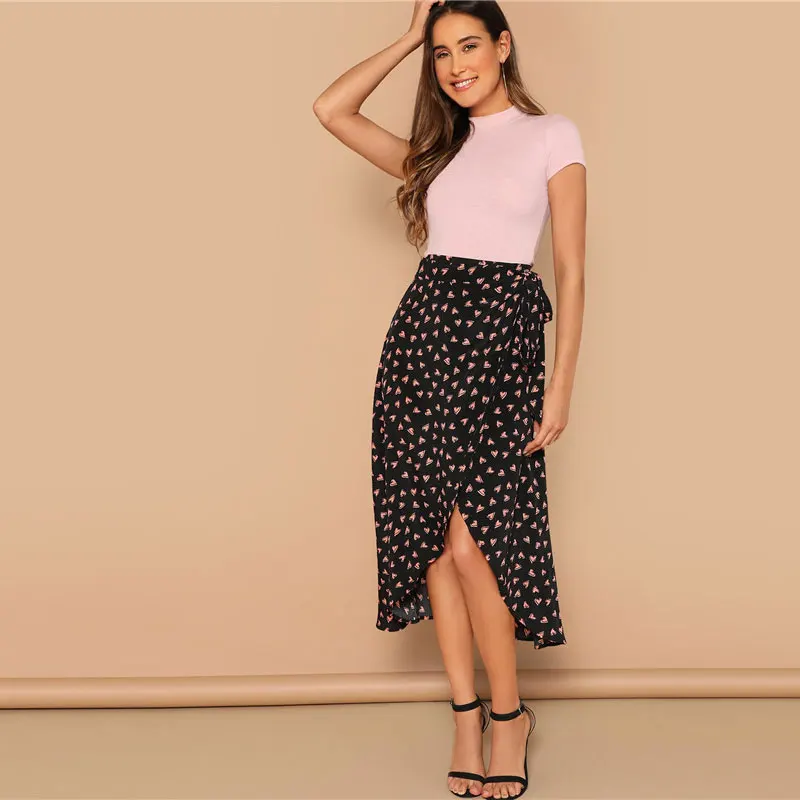 SHEIN Асимметричная Юбка С Принтом И Узлом Женская Летняя Богемная Юбка С Поясом