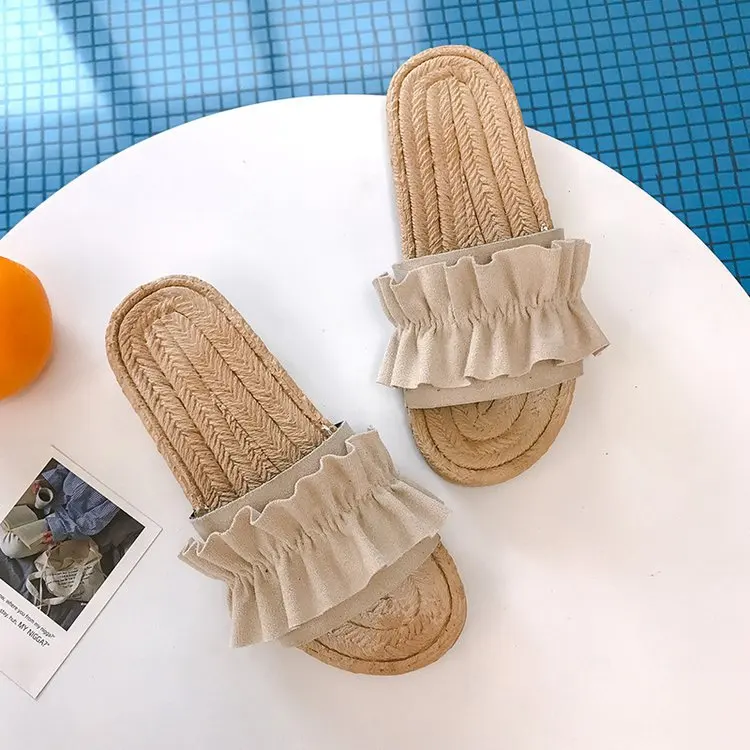 Effgt/женские шлепанцы с воланами модные домашние сандалии на плоской подошве