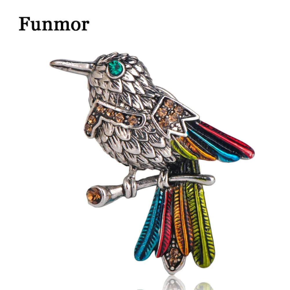 

FUNMOR Vintage Colorful Feather Bird Brooch Corsage Antique Silver Color Crystal Animal Brooches For Women Kids Badge Hijab Pins