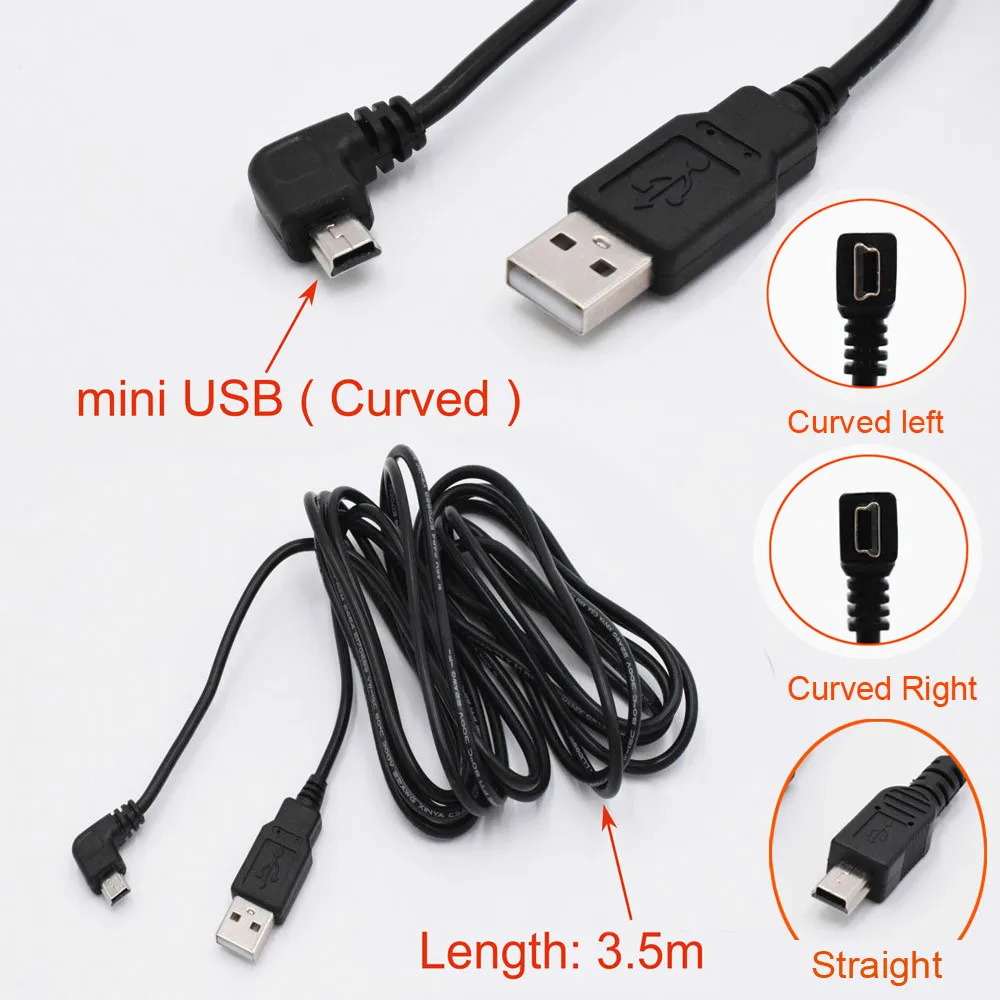 Автомобильный зарядный изогнутый мини-usb кабель для автомобильного видеорегистратора камера видео рекордер/gps/PAD и т. Д. Длина кабеля 3,5 м(11.48ft) линия передачи данных