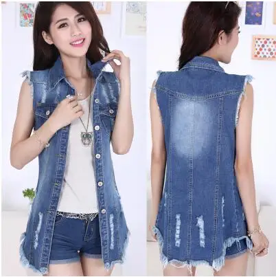 short hole vest Новинка, высокое качество, весна-осень, женский жилет размера плюс, джинсовая женская куртка, модный двубортный длинный жилет без рукавов - Цвет: short hole vest