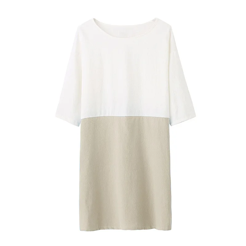 

2018 Hot Dress Women Casual Patchwork 1/2 Sleeved Cotton Linen Dress Oversize Loose Pockets Tunic Dress Women 2018