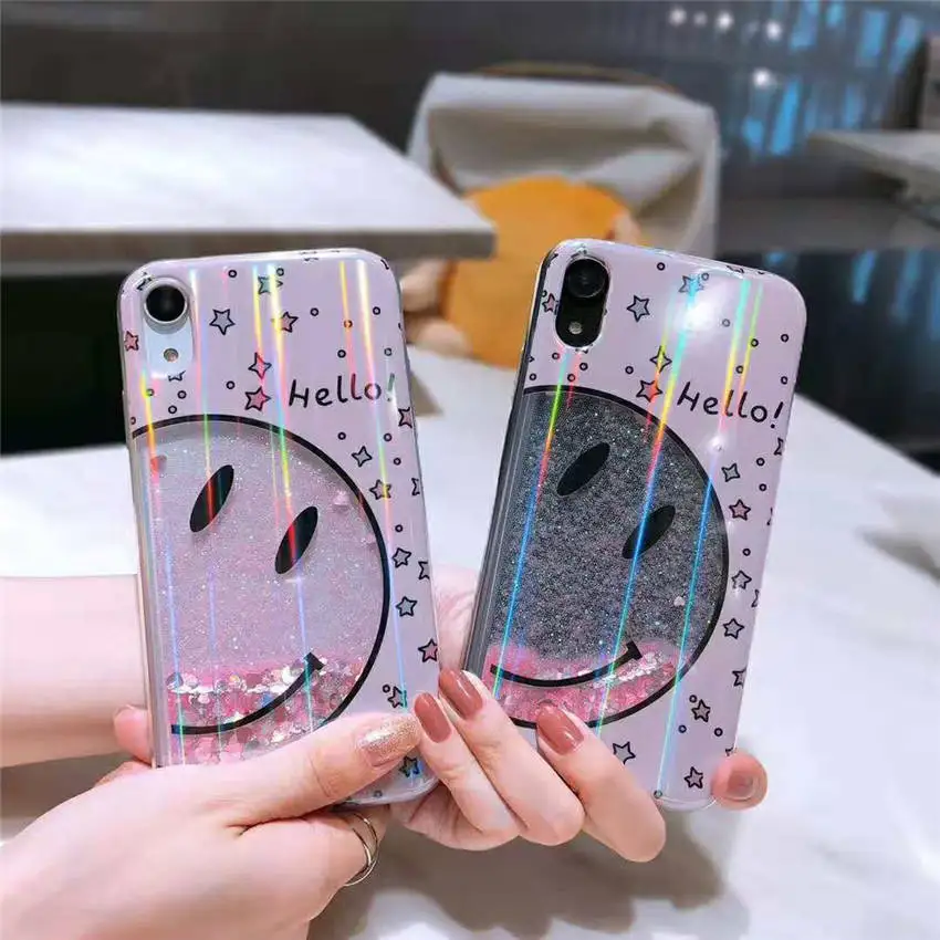 Clear Glitter Quicksand Phone Back Cover For iPhone XR XS MAS 6s 7 8 Plus Bling Dazzle Color Hello Greeting Big Smile Face Cases |