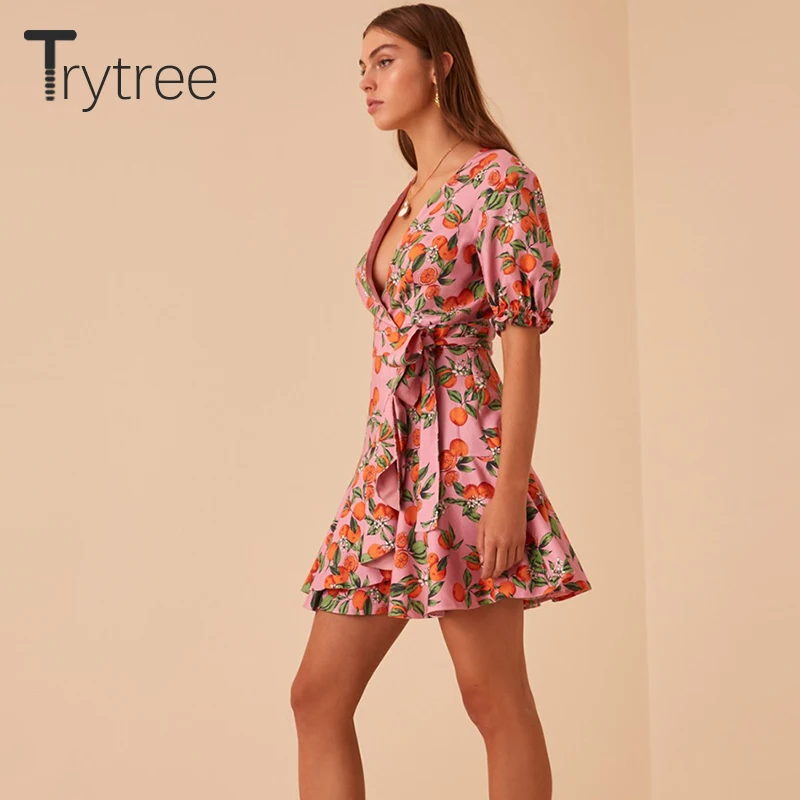 Trytree 2019 летнее женское платье повседневное с v-образным вырезом пояс пышные
