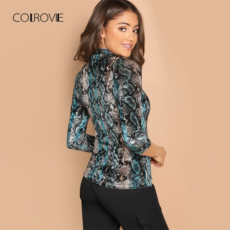 COLROVIE, Повседневная футболка со стоячим воротником из змеиной кожи, женская одежда, зима, уличная мода, рубашка для офиса, женские топы, футболка