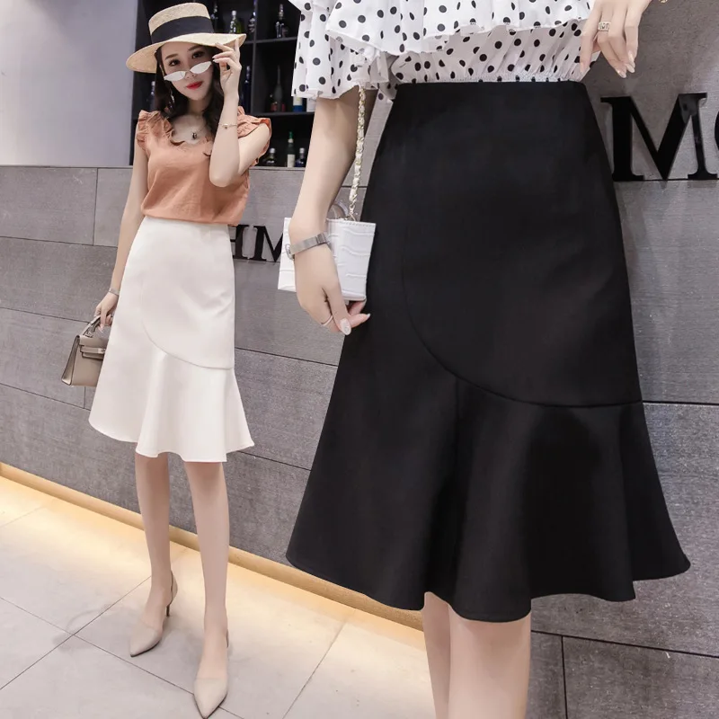 

S-2xl Autumn Ruffled Skirt For Women Office Lady High Waisted Mermaid Skirt Black Knee Length Skirts Black Skirts Falda Mujer