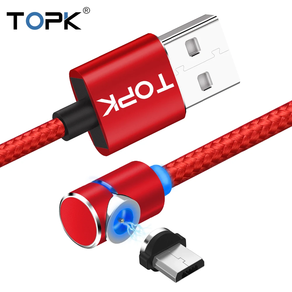 TOPK 1 м 2 м светодиодный магнитный кабель Micro USB угол 90 градусов l-образный нейлоновый Плетеный зарядный кабель для Micro USB порта для samsung LG
