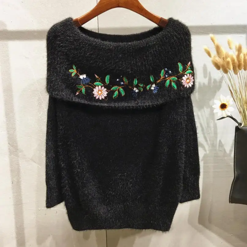 

autumn and winter new strapless flowers embroidered sweater women loose sweater slash neck