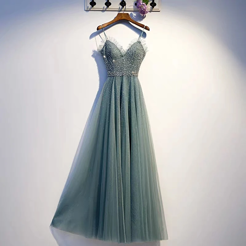 

A Line Sparkle Tulle Sequined Lace Beading Spaghetti Straps V Neck Evening Dresses Formal Dresses Floor Length Corset Back