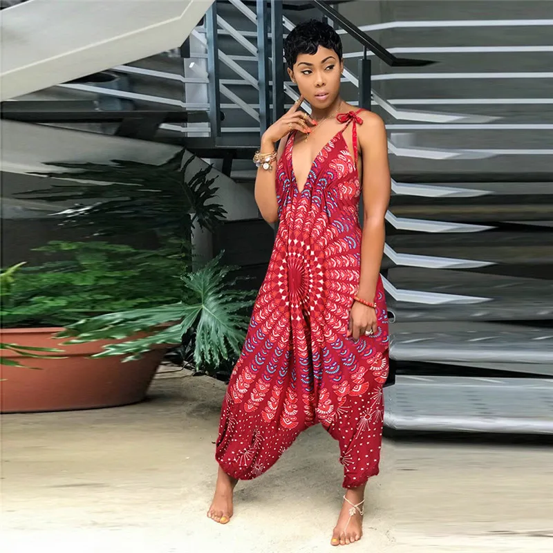 Fashion Loose V-Neck Cotton Overalls For Women Summer Bohemia Sleeveless Long Jumpsuit Romper Large Size 72#45 | Женская одежда