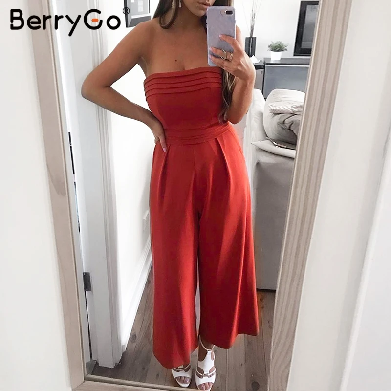 Женский Длинный комбинезон BerryGo без рукавов с открытыми плечами на молнии