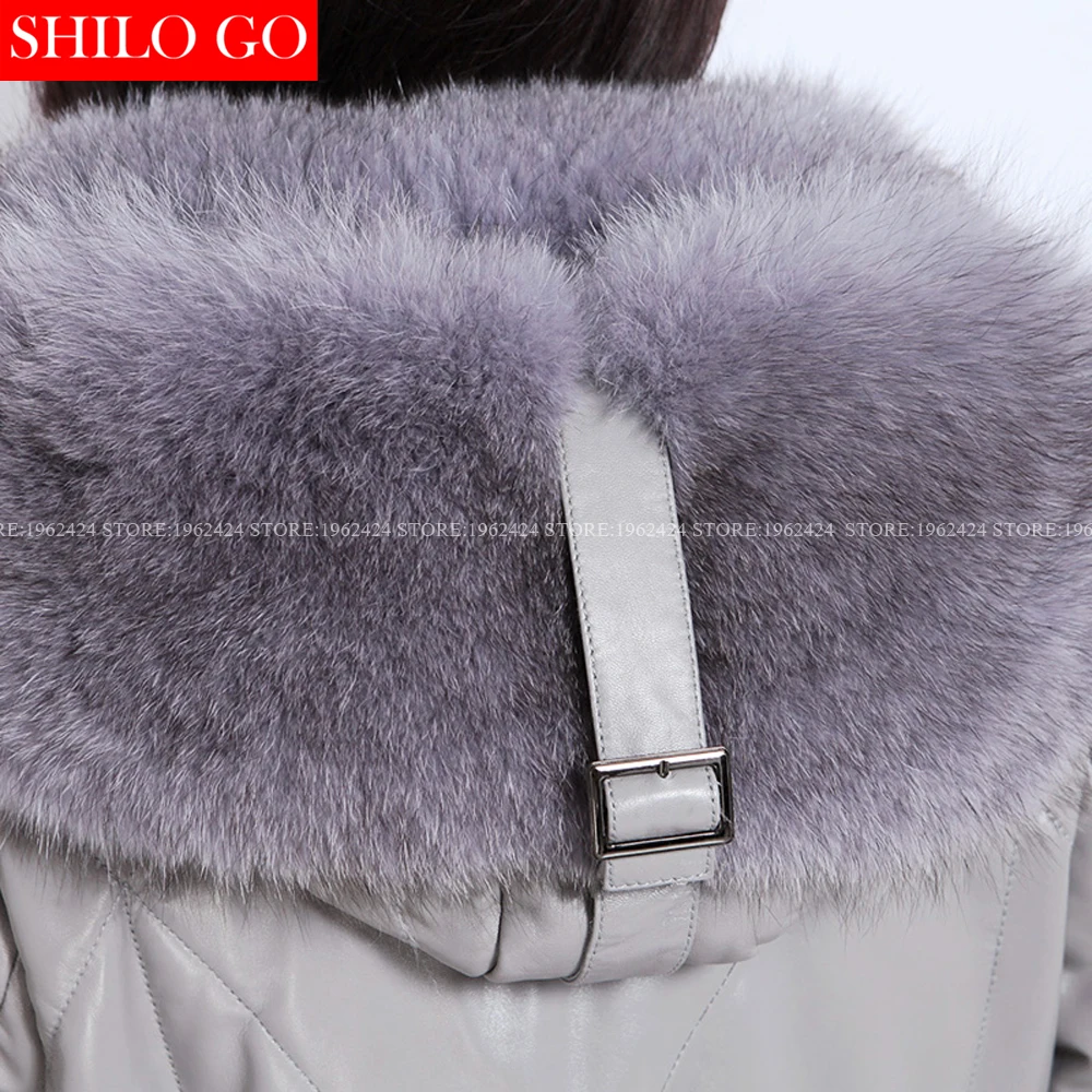 Женское длинное пальто из натуральной кожи с капюшоном и мехом лисы большие