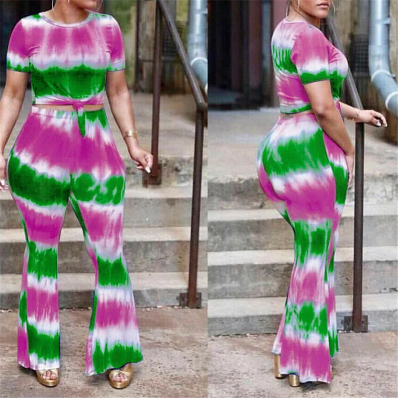 Женский комплект одежды летний полосатый укороченный топ расклешенные брюки