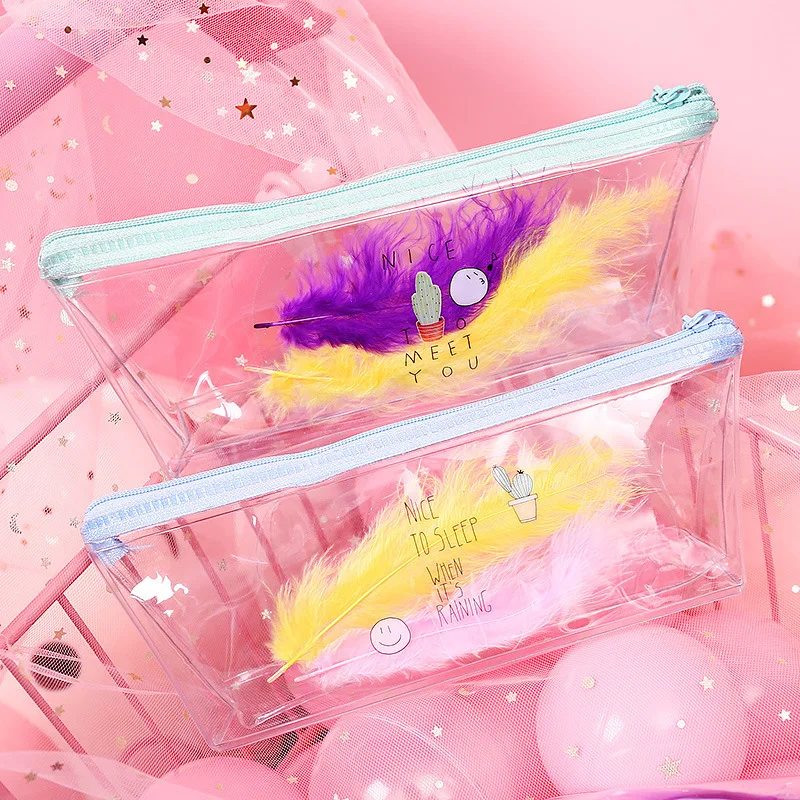 Необычный прозрачный мешок ручки мультфильм Kawaii перья Украшенные ПВХ пенал на